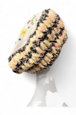 Embroidered Crochet Beret in Cream Yellow and Brown