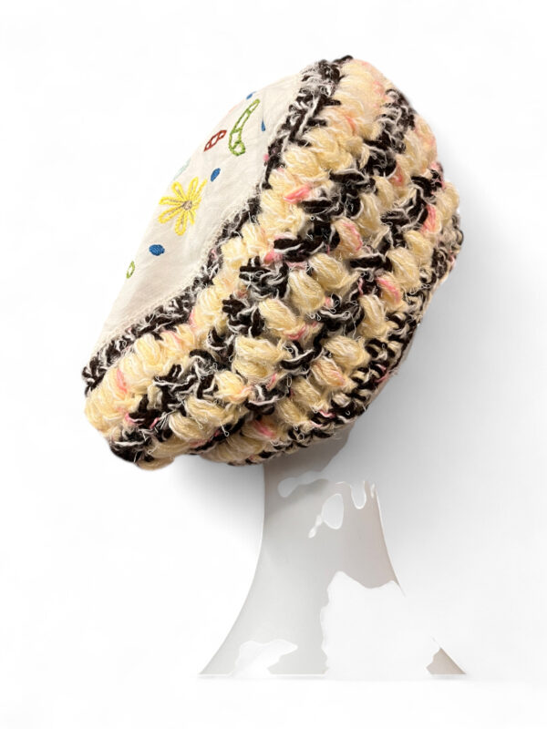 Embroidered Crochet Beret in Cream Yellow and Brown