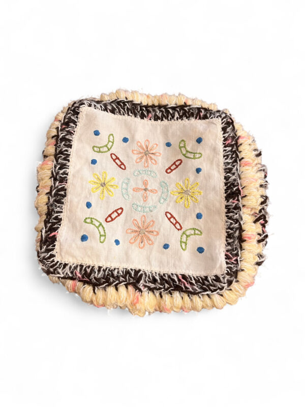 Embroidered Crochet Beret in Cream Yellow and Brown