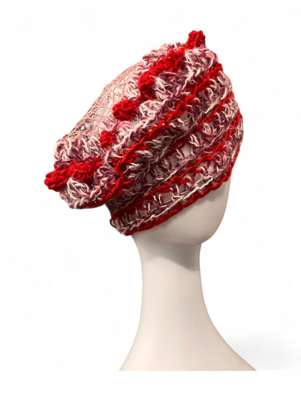 Crochet Beret in Red Pink and Cream