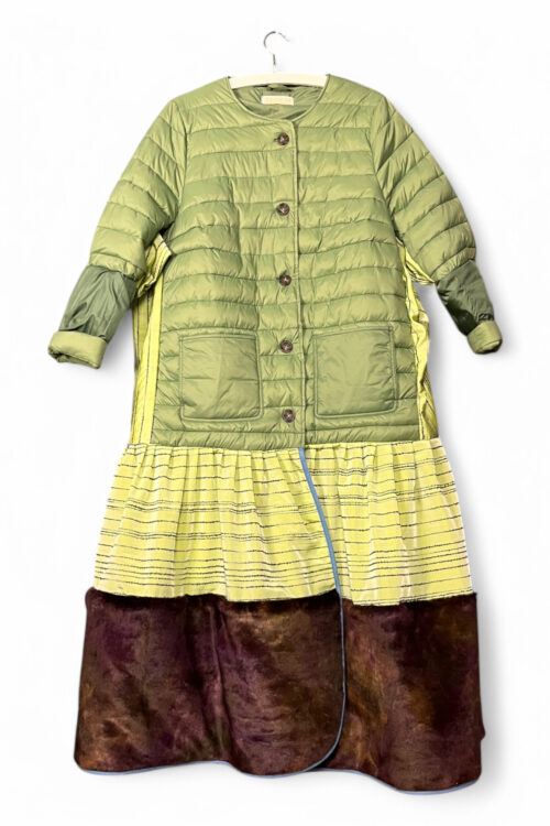 Patchwork Coat in Green Yellow and Fantasy Fur
