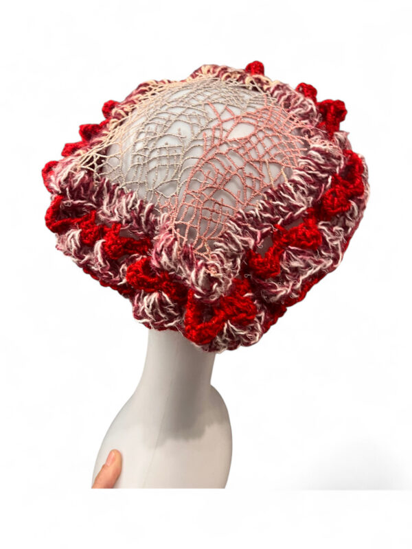 Crochet Beret in Red Pink and Cream