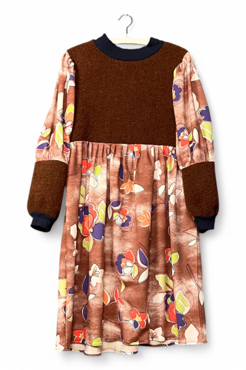 Brown Dress with Floral Print and Wool Bodice