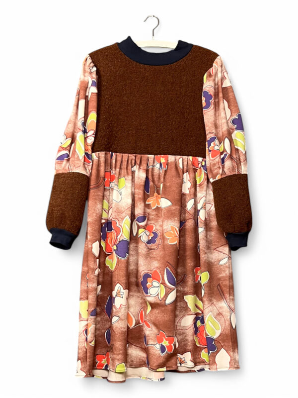 Brown Dress with Floral Print and Wool Bodice