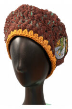 Crochet Beret in Brown and Ochre with Embroidered Patch