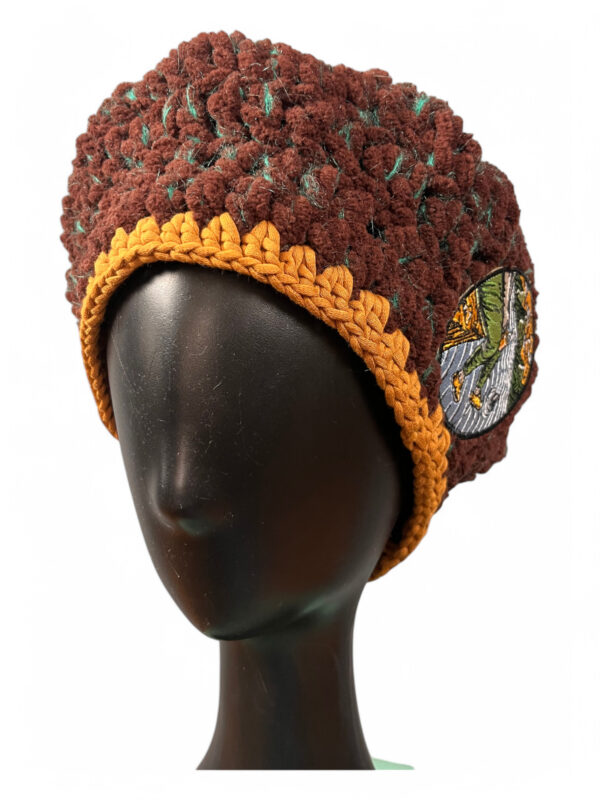 Crochet Beret in Brown and Ochre with Embroidered Patch