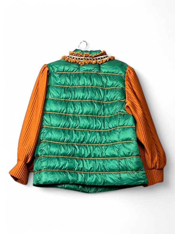 Green Quilted Jacket with Orange Knit Sleeves