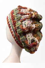 Wool Crochet Beret in Cream Brown and Green