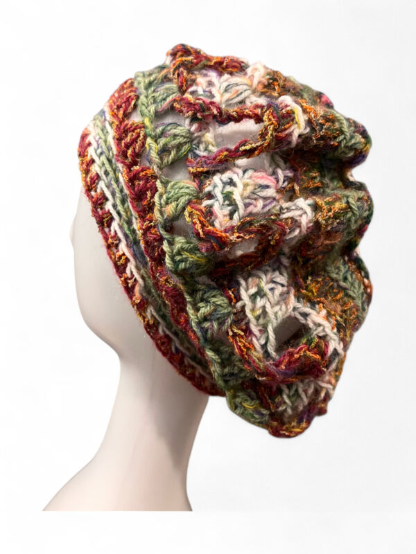 Wool Crochet Beret in Cream Brown and Green