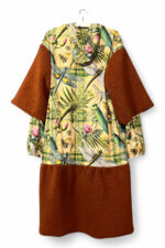 Dragonfly Print Coat with Brown Wool Panels