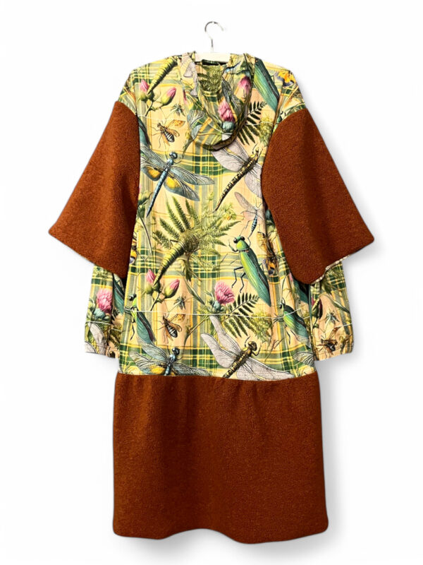 Dragonfly Print Coat with Brown Wool Panels
