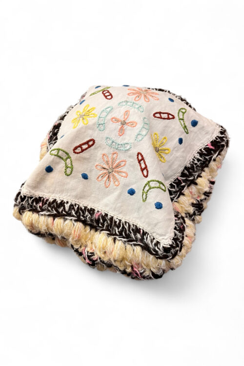 Embroidered Crochet Beret in Cream Yellow and Brown