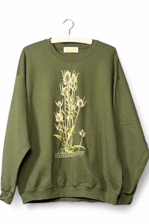 Green Sweatshirt with Thistle Print and Embroidered Detail