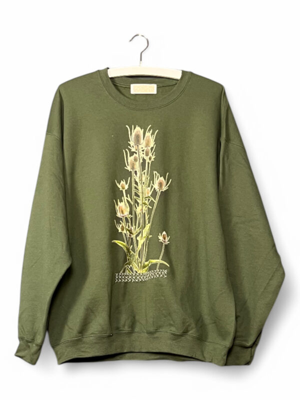 Green Sweatshirt with Thistle Print and Embroidered Detail