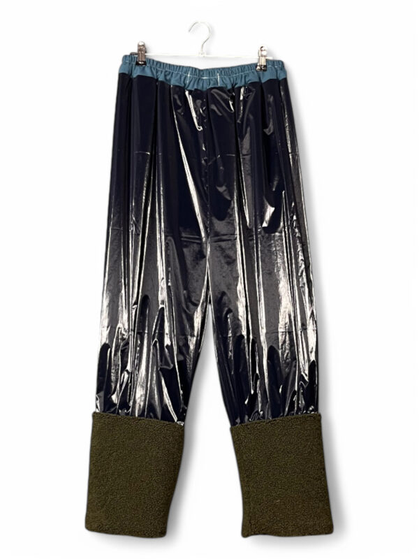 Vinyl Pants in Black with Olive Fleece Cuffs
