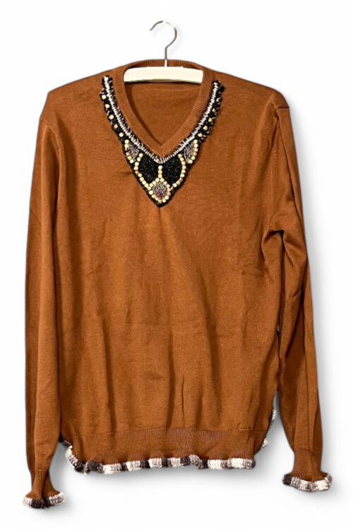 Brown Knit Top with Embroidered Collar