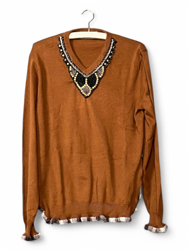 Brown Knit Top with Embroidered Collar
