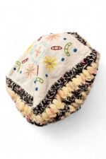 Embroidered Crochet Beret in Cream Yellow and Brown