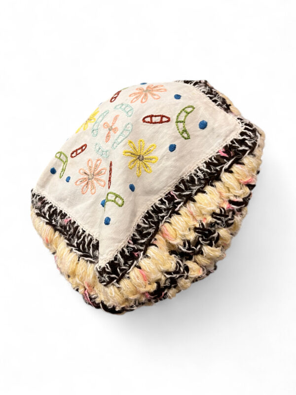 Embroidered Crochet Beret in Cream Yellow and Brown
