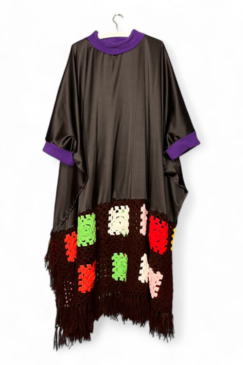 Crochet Patch Dress Brown Satin and Color Squares