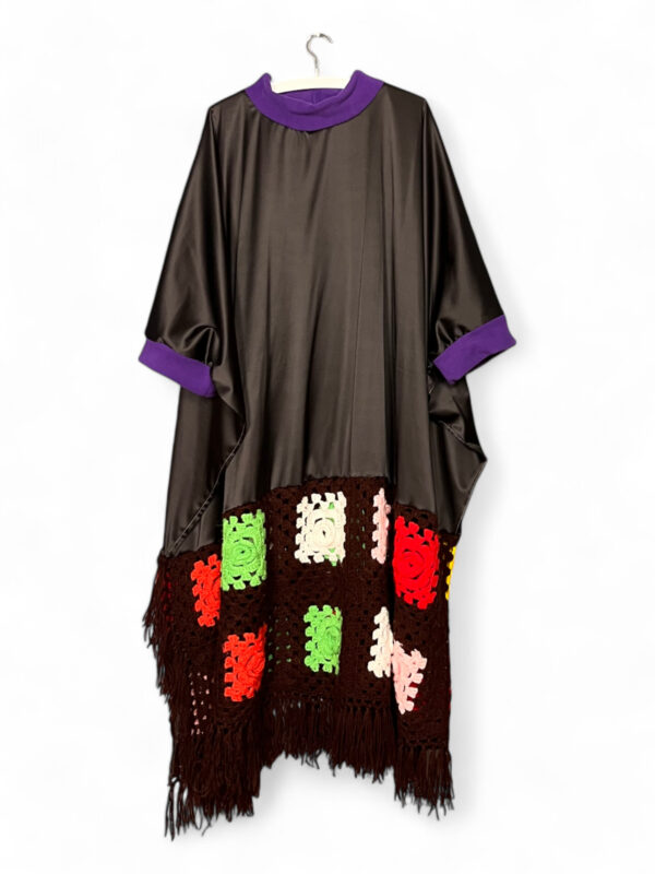 Crochet Patch Dress Brown Satin and Color Squares