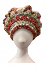 Wool Crochet Beret in Cream Brown and Green