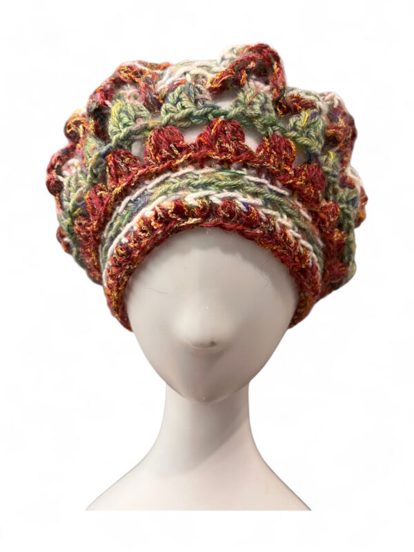 Wool Crochet Beret in Cream Brown and Green