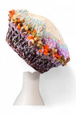 Crochet Beret in Cream Grey and Pastel Accents