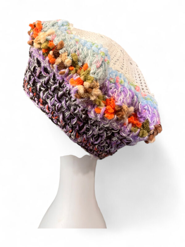 Crochet Beret in Cream Grey and Pastel Accents