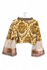 Upcycled Cropped Top with Baroque Print and Flared Sleeves