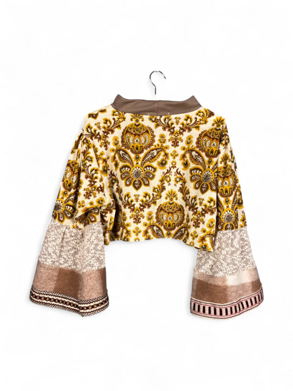 Upcycled Cropped Top with Baroque Print and Flared Sleeves
