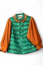Green Quilted Jacket with Orange Knit Sleeves