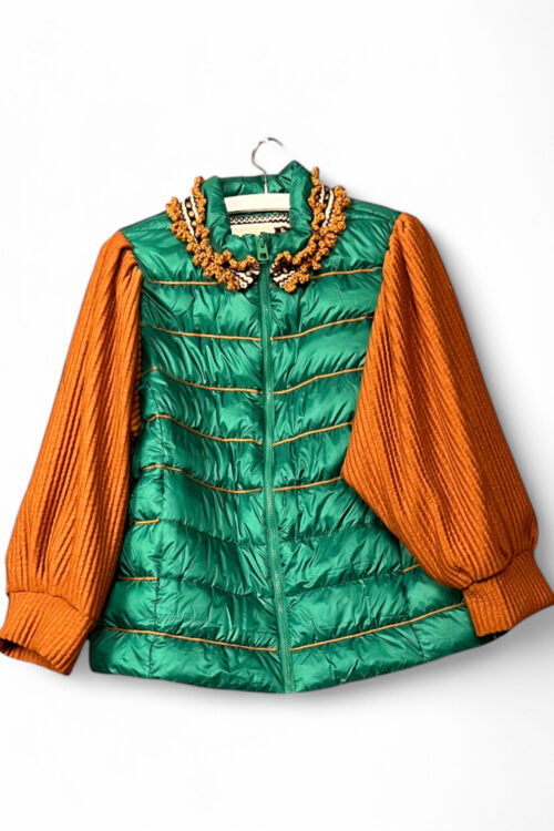 Green Quilted Jacket with Orange Knit Sleeves