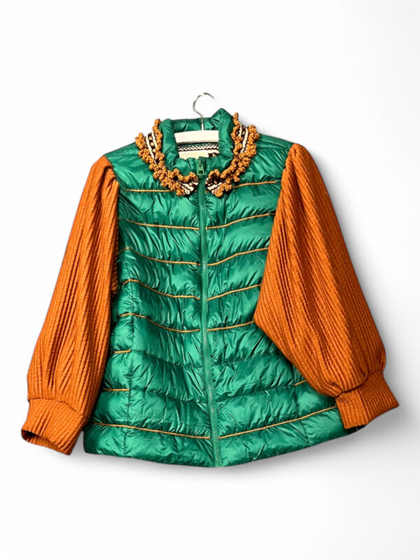 Green Quilted Jacket with Orange Knit Sleeves