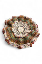 Wool Crochet Beret in Cream Brown and Green
