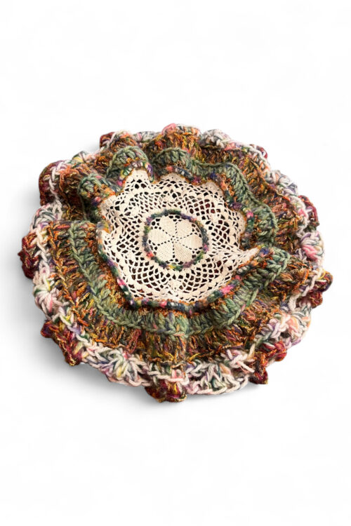 Wool Crochet Beret in Cream Brown and Green