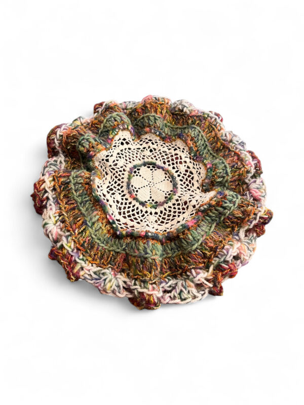 Wool Crochet Beret in Cream Brown and Green