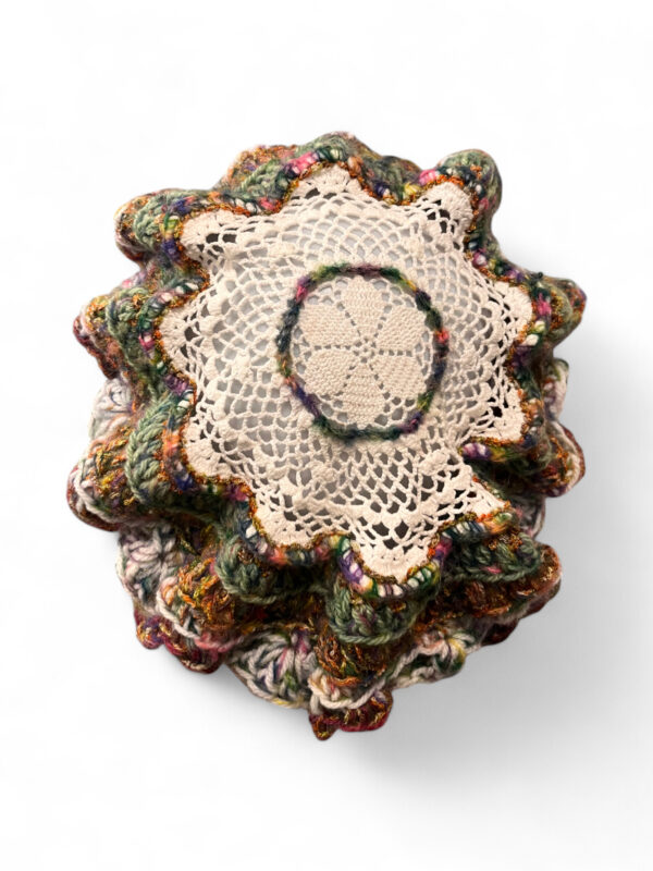 Wool Crochet Beret in Cream Brown and Green