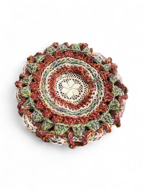 Wool Crochet Beret in Cream Brown and Green