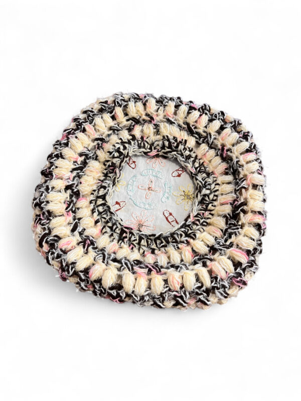 Embroidered Crochet Beret in Cream Yellow and Brown