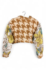 Upcycled Cropped Top with Houndstooth and Floral Sleeves