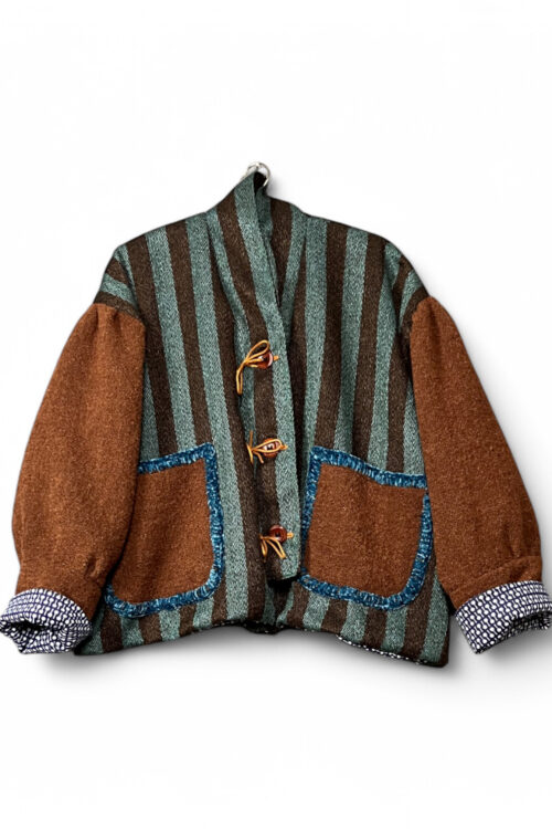 Striped Jacket with Brown Wool Sleeves and Toggle Closure