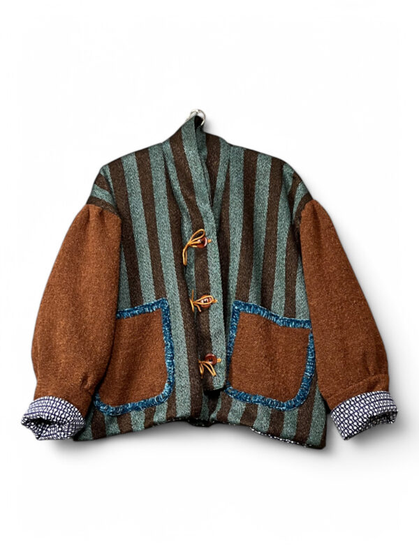 Striped Jacket with Brown Wool Sleeves and Toggle Closure