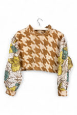 Upcycled Cropped Top with Houndstooth and Floral Sleeves