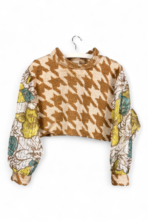 Upcycled Cropped Top with Houndstooth and Floral Sleeves