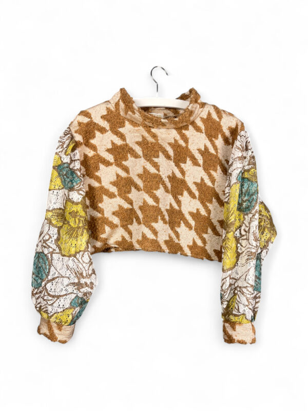 Upcycled Cropped Top with Houndstooth and Floral Sleeves