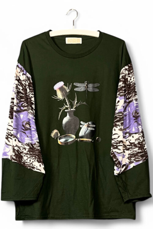 Dark Green Top with Dragonfly and Thistle Print