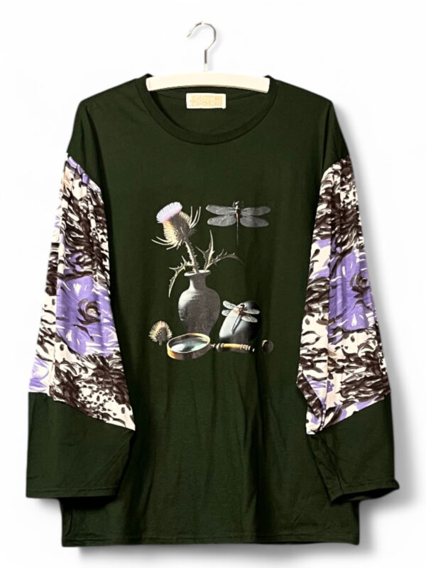 Dark Green Top with Dragonfly and Thistle Print