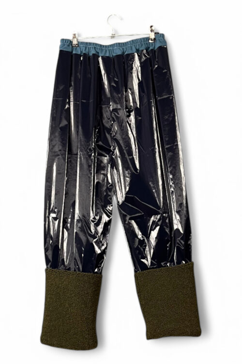 Vinyl Pants in Black with Olive Fleece Cuffs