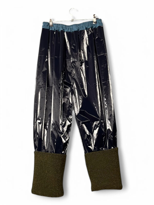 Vinyl Pants in Black with Olive Fleece Cuffs